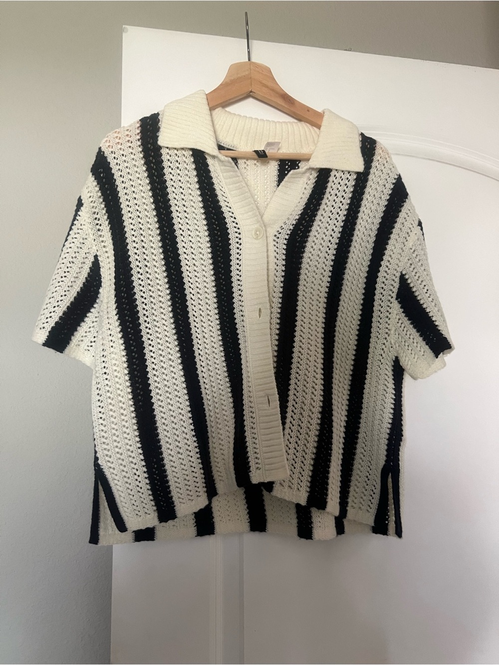 H&M Black & Cream Crocheted Stripe Knit Cardigan